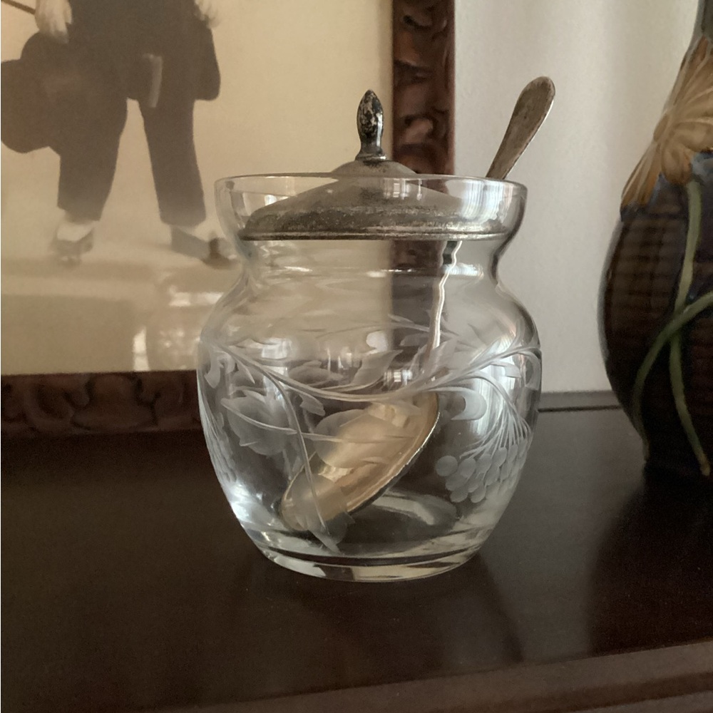 Etched Glass Jar w/Silver Lid Spoon